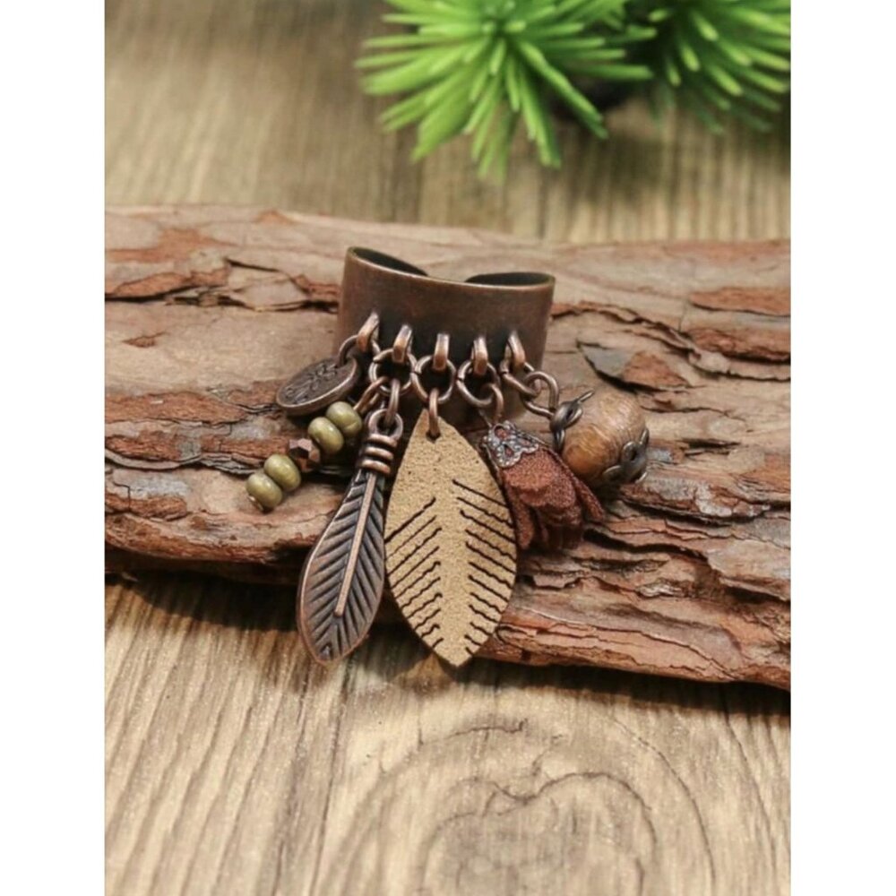 Ring. Bohemian Style Adjustable Antique Bronze Feather Tassel Bead Charms. OSFM. - Picture 10 of 10